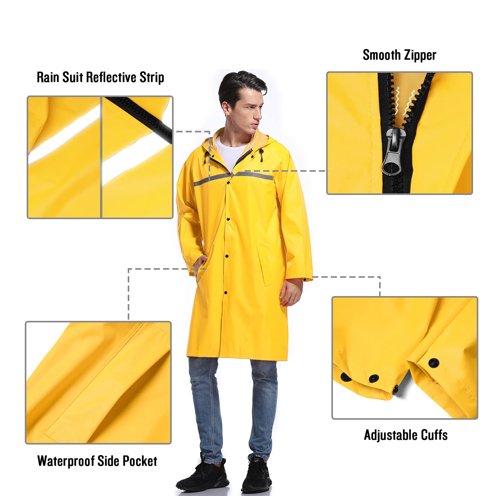 SaphiRose Mens Long Hooded Safety Rain Jacket Waterproof Emergency Raincoat Poncho
