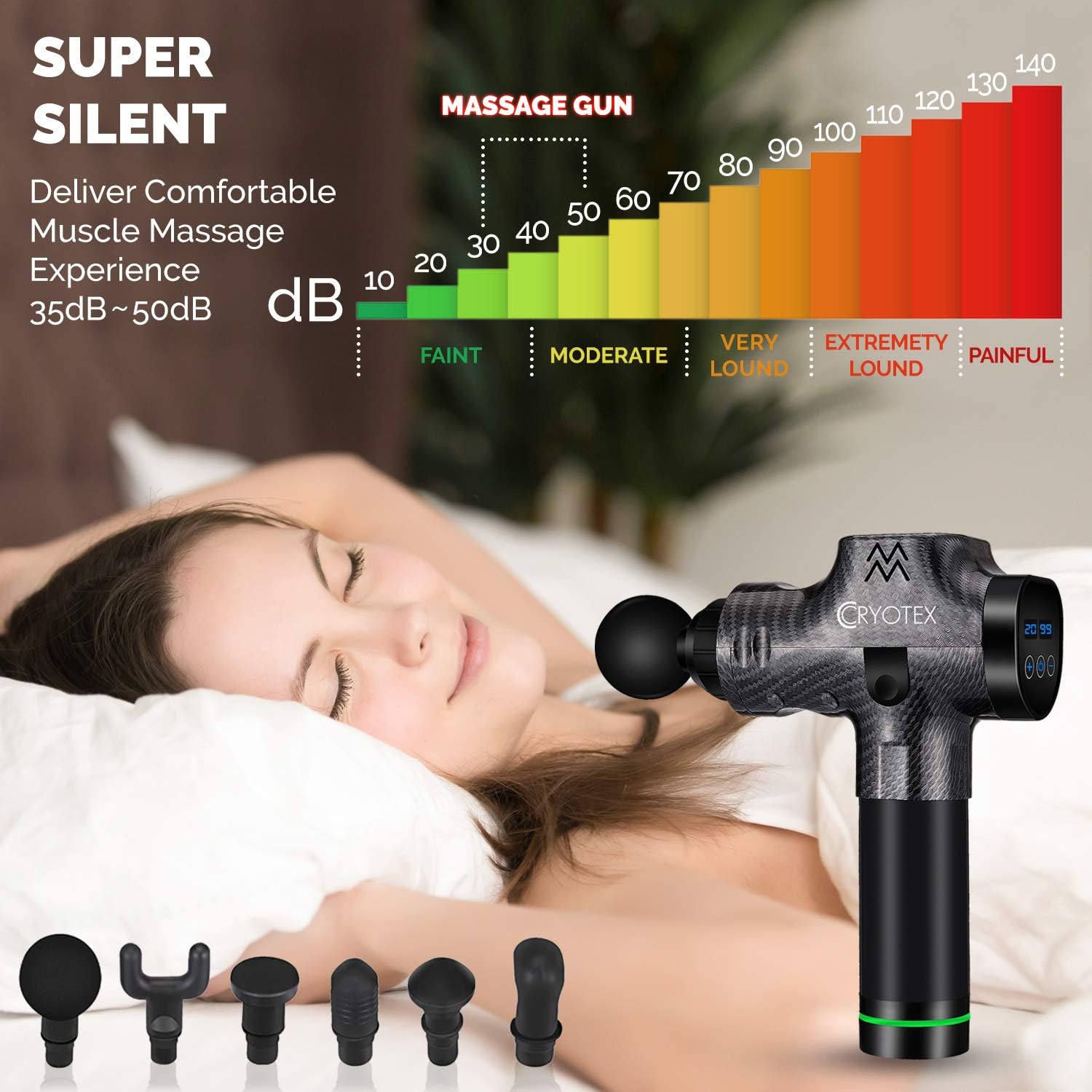 Cryotex Massage Gun – Deep Tissue Handheld Percussion Massager – Six Different Heads for Different Muscle Groups - 20 Speed Options: Health & Personal Care