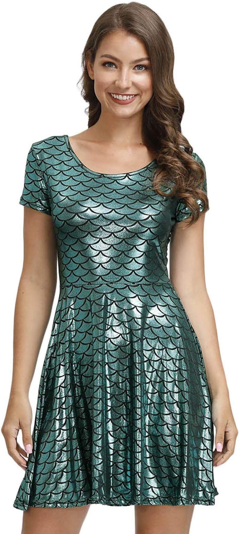 Spadehill Halloween Women's Mermaid Short Sleeve Shiny Dresses