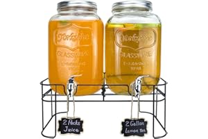 2 Gallon Larger Glass Drink Dispenser for Parties, 2 Packs Juice Lemonade Ice Tea Water Dispenser with Stand, HENABLE Beverag
