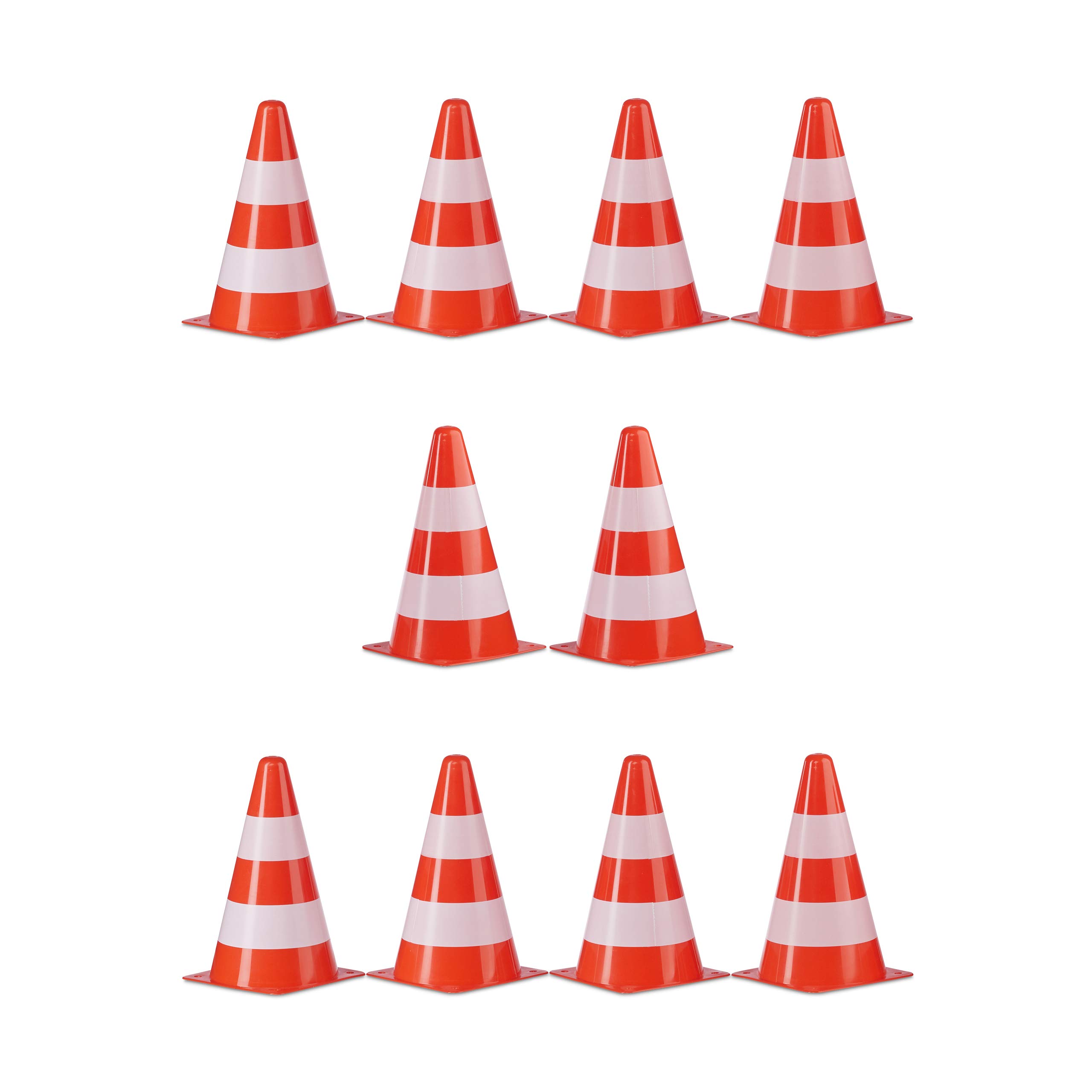 Relaxdays Set of 10 Safety Cones, Stackable, Field & Track Cones, Markers, Pylons, 22 cm, Orange/White
