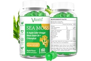 Vazatisi 2 Pack Organic Irish Sea Moss Gummies with Black Seed Oil, Chlorophyll - Thyroid, Digestion, Mood, Energy & Immune Support - Women & Men, Adult & Kid - 120 Vegan Gummies