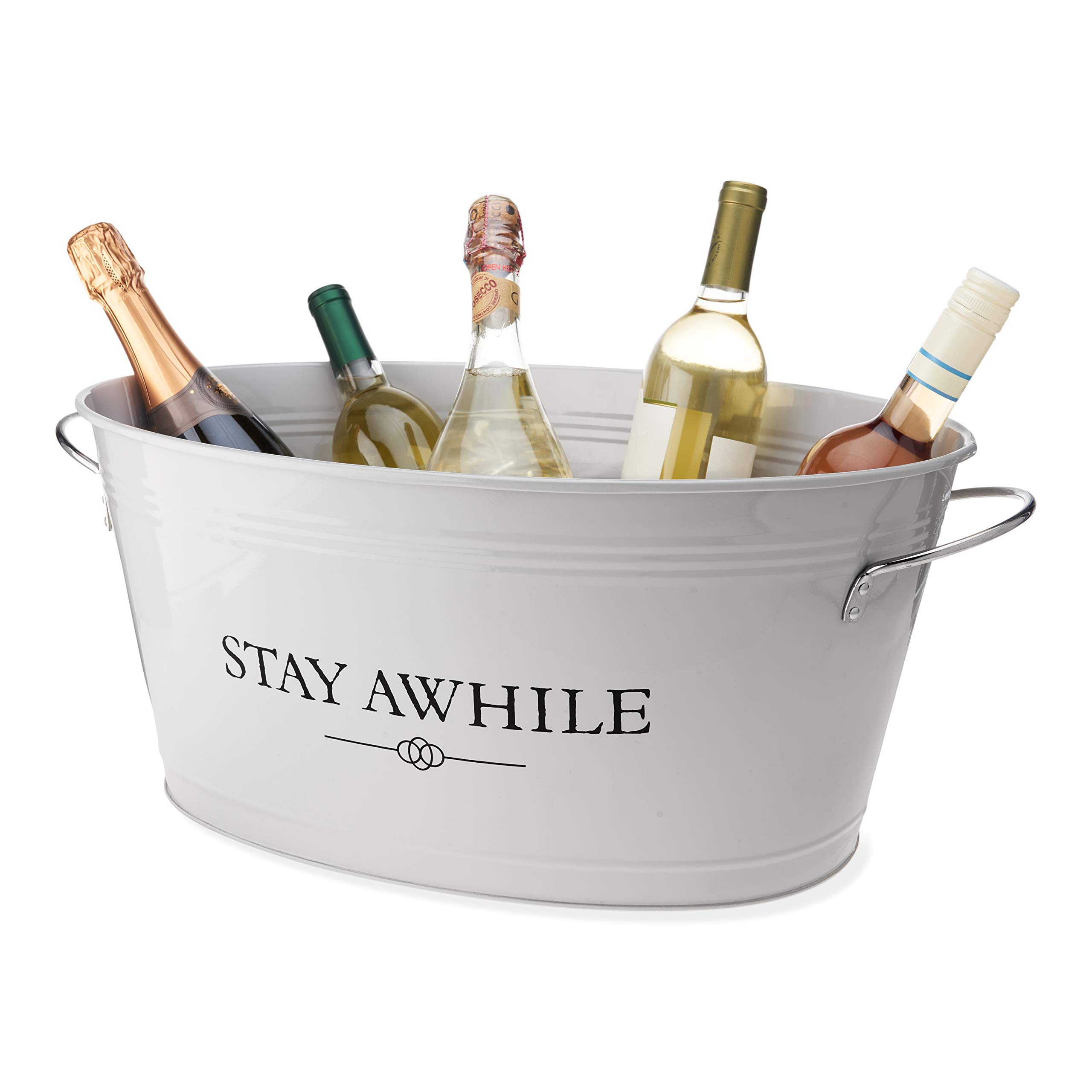 Twine Stay Awhile White Painted Galvanized Ice Bucket & Metal Tub - Beverage Ice Barrel Tub for Parties in 6.3-Gallon Capacity