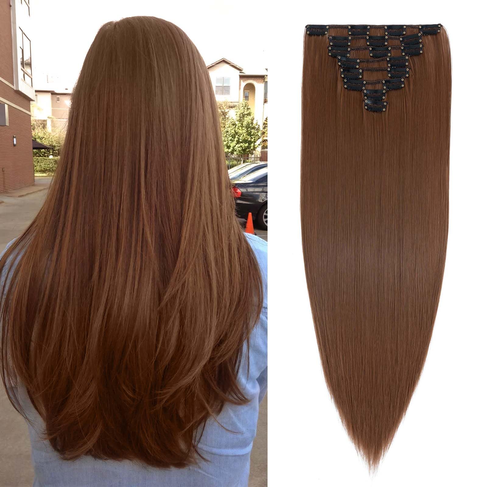 SEGOHAIR Hair Extensions Clip in 8Pcs 18 Clips Synthetic Fiber Seamless 23" Long Straight Full Head - Light Auburn — image 1
