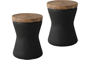 SUNBURY Outdoor Accent Table, 13" W Hourglass Shaped Outdoor Side Table for Patio, Concrete Garden Stool End Table Set of 2, Morden Outdoor Concrete Side Table Wooden-Look Top for Garden, Backyard