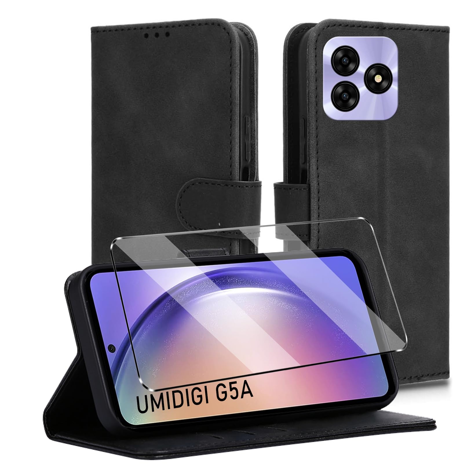 HuiYouMY 2-in-1 Case Compatible with UMIDIGI G5A Leather Phone Case, Wallet Case Cover [Card Slots] [Kickstand] Magnetic Closure Full Protection Book Folio Design wallet flip phone case - Black