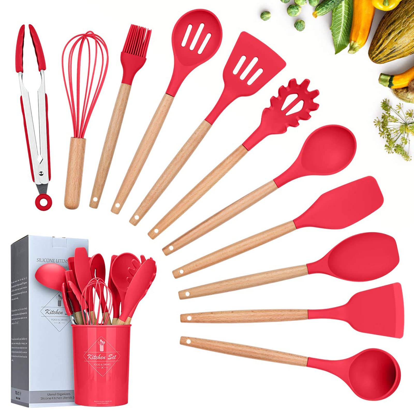 Lychee Kitchen Utensil Set Silicone Cooking Utensils - 12 Pieces Cooking Spatula Turner Heat Resistant Tools with Wooden Handle for Nonstick Non Scratch Cookware Kitchen Gadgets Set (Red)