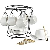 LYEOBOH Espresso Cups with Saucers Set, Coffee Cups Metal Stand and Spoons | Elegant Coffee Cup Set, Demitasse Cups for Espresso, Latte, Cafe Mocha, Cappuccino, and Tea, 3 OZ, Set of 6, White