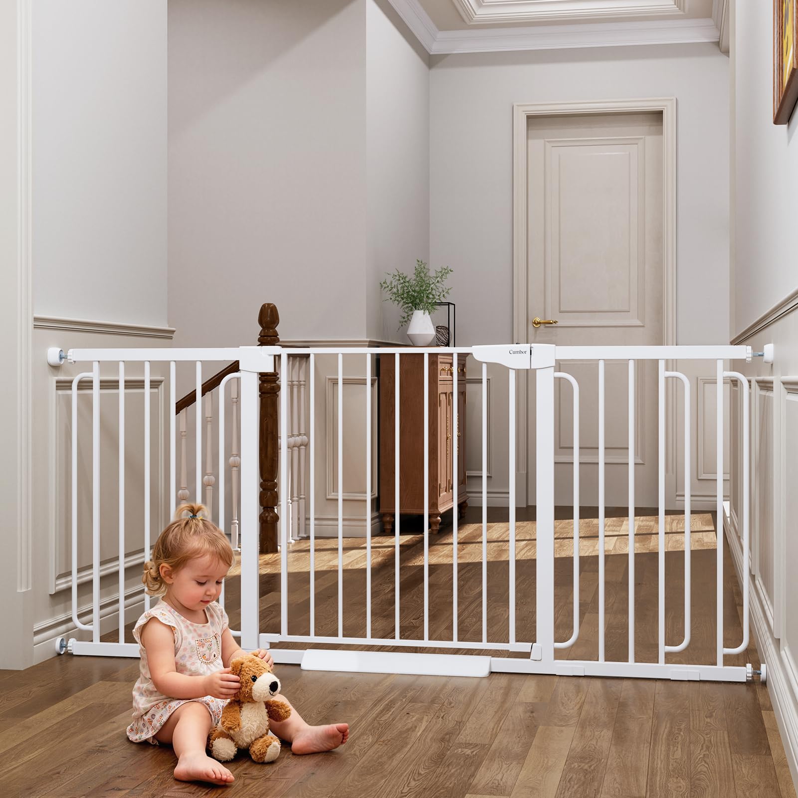 Cumbor Extra Wide Baby Gate, 36.6-69" Walk-Through Dog Gate for Stairs, Doorways & Hallways, 30.5“ Tall, Auto-Close & Dual-Swing Safety Child Gate Indoor, Easy Install Pressure-Mounted Pet Gate, White Image