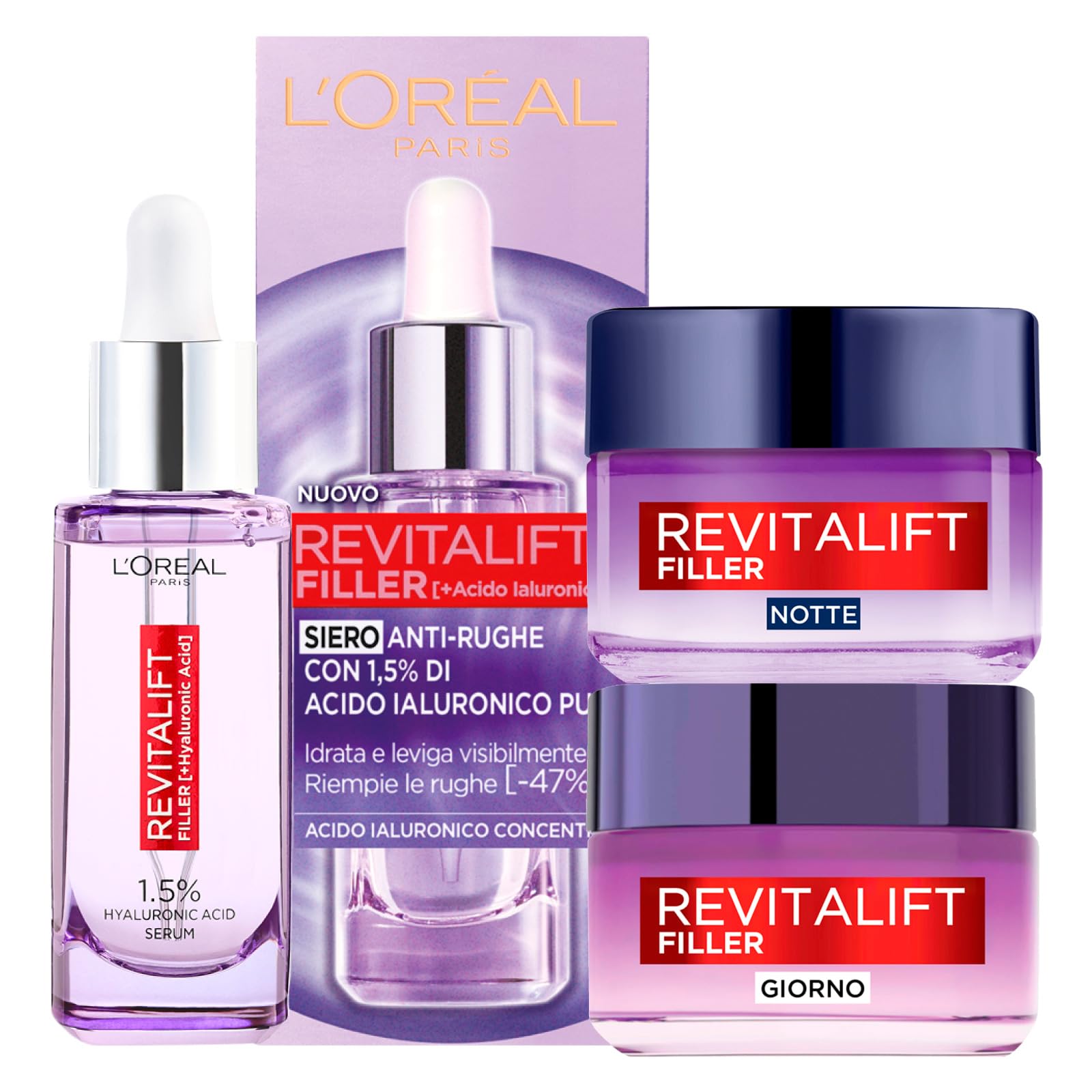 L'Oréal Paris Revitalift Filler Kit Hydrating Plumping Anti-Wrinkle Serum 30ml + Replumping Anti-Ageing Day Treatment 50ml + Revolumizing Night Face Treatment with Hyaluronic Acid 50ml — image 1