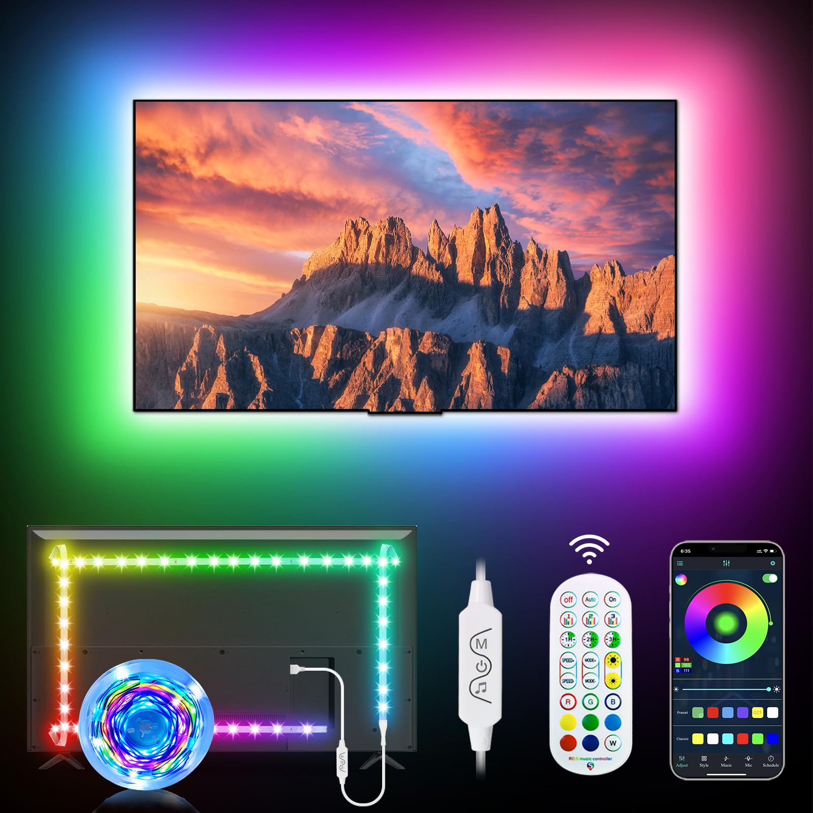 Daymeet TV Lights, 9.8FT TV Led Lights for 32-43 inch TV Behind RGB Music Sync TV Lights Rainbow Color Changing with Remote APP Control USB Led Strip Lights for Room Gaming Decor