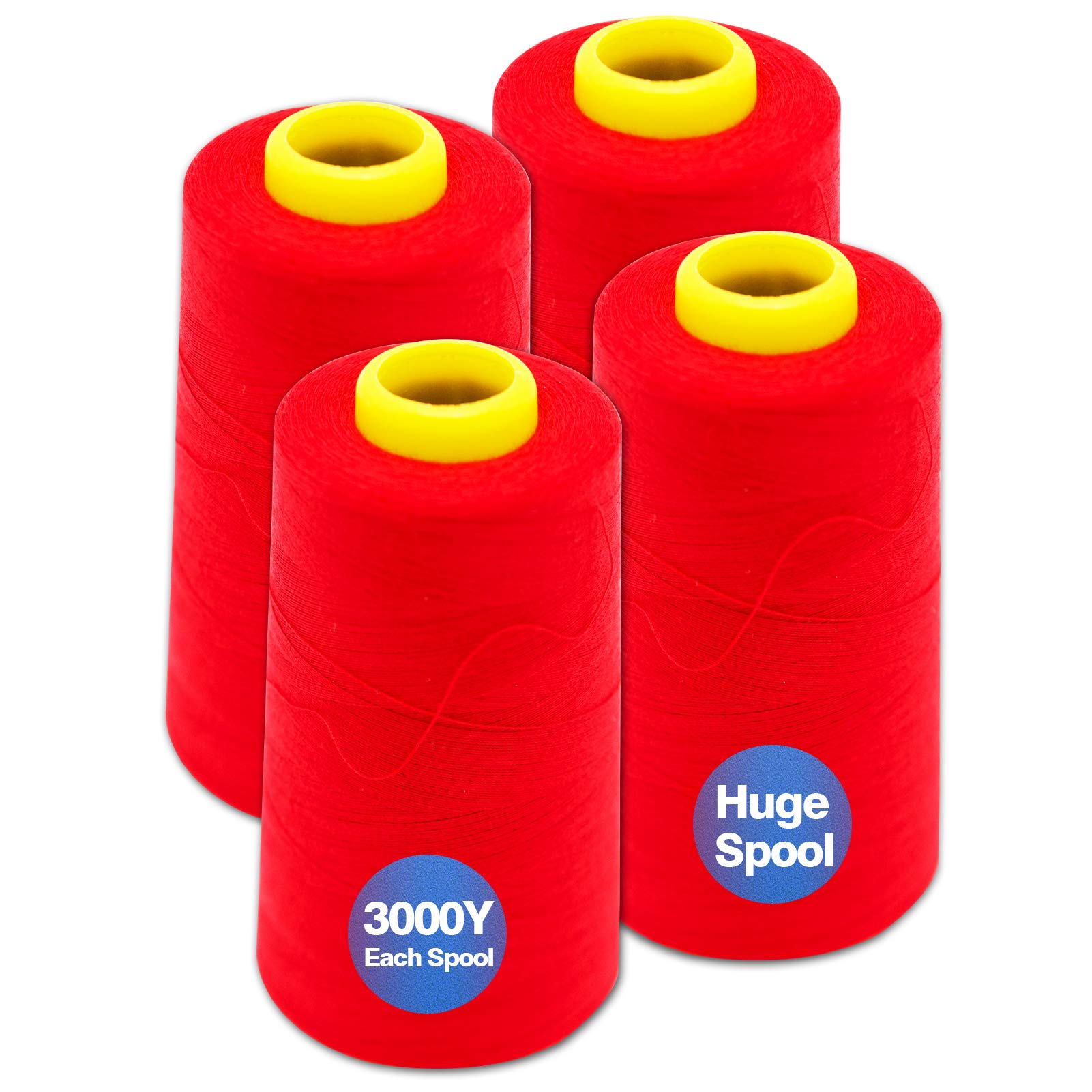 Serger Thread, All-Purpose Thread for Sewing, Polyester, 4 Cones of 3000 Yards Each Spool for Sewing Machine (red)