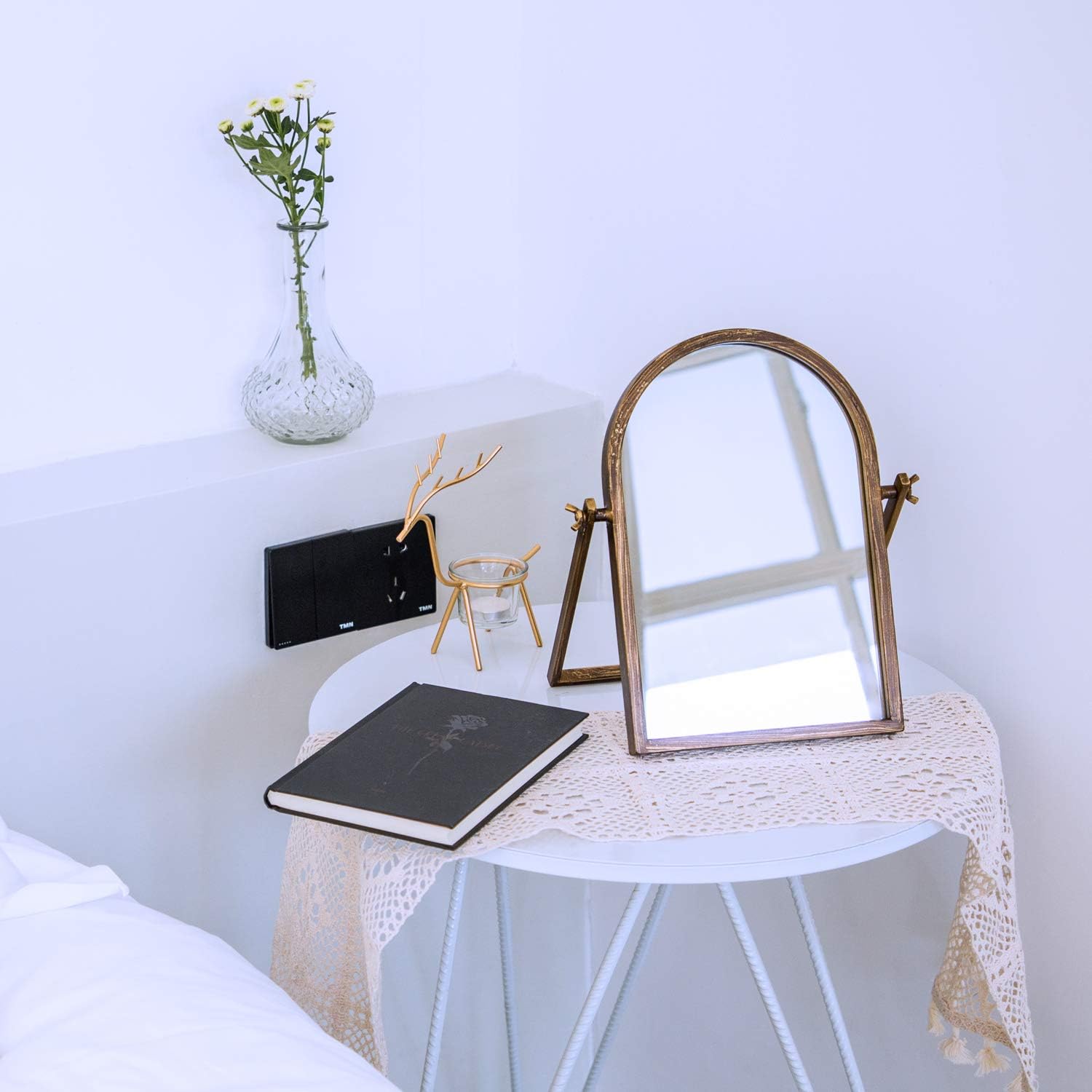 Geloo Vintage Vanity Mirrors Decor - Desk Makeup Antique Mirrors 360 Adjustable Rotation,Golden Metal Framed 10" Small Standing Mirror, for Tabletop Decor, Office, Bedroom, Bathroom, Living Room: Furniture & Decor