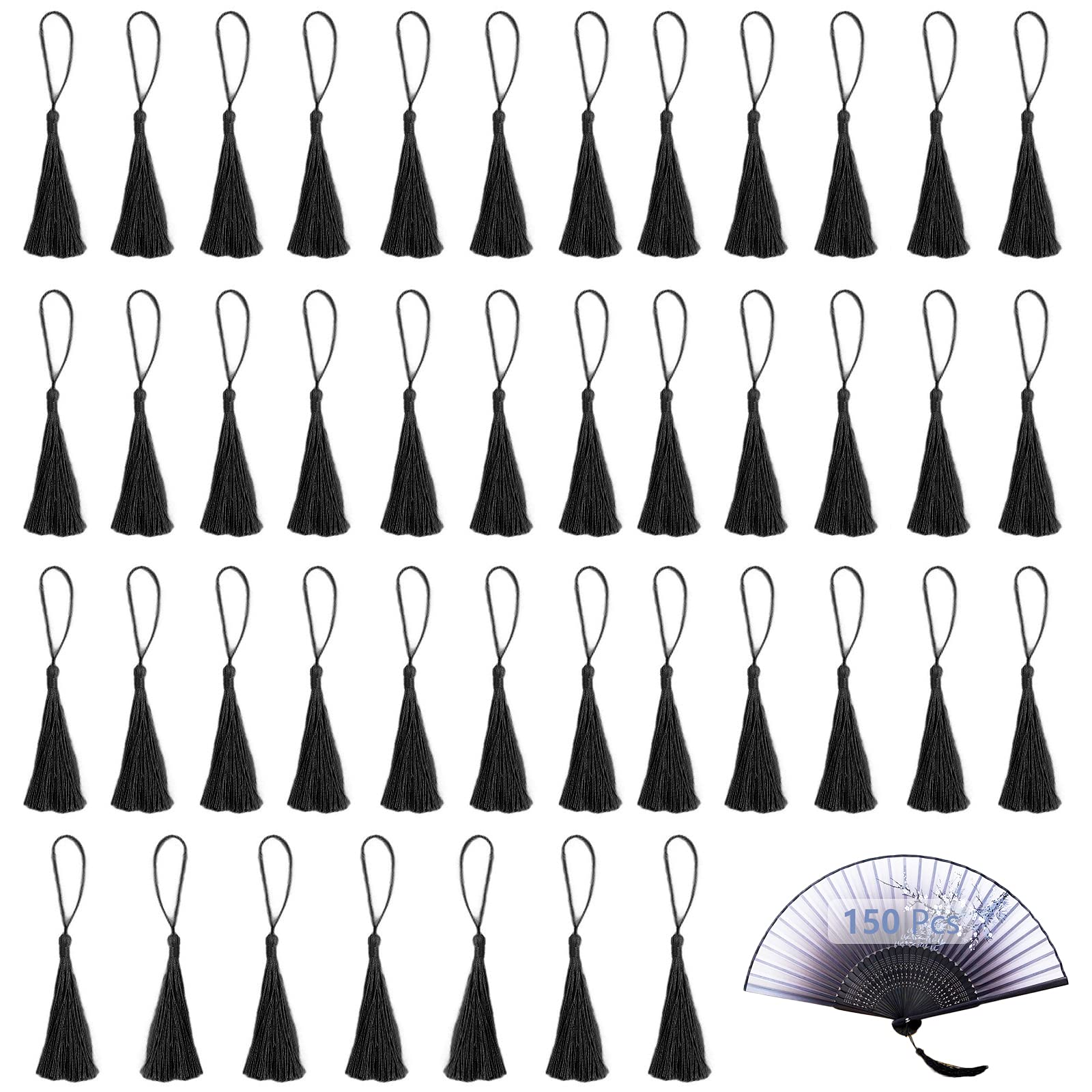 150 Pcs Silky Tassels, VEGCOO Black Bookmark Tassels Pendant Soft Craft Handmade Mini Tassel with Loop for Jewelry Making DIY Craft Accessorise Supplies and Home Decoration (Black)