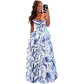 camftbo Ruffle Tiered Prom Dresses for Women 2026 Floral Spaghetti Straps Long Formal Evening Cocktail Dress with Slit