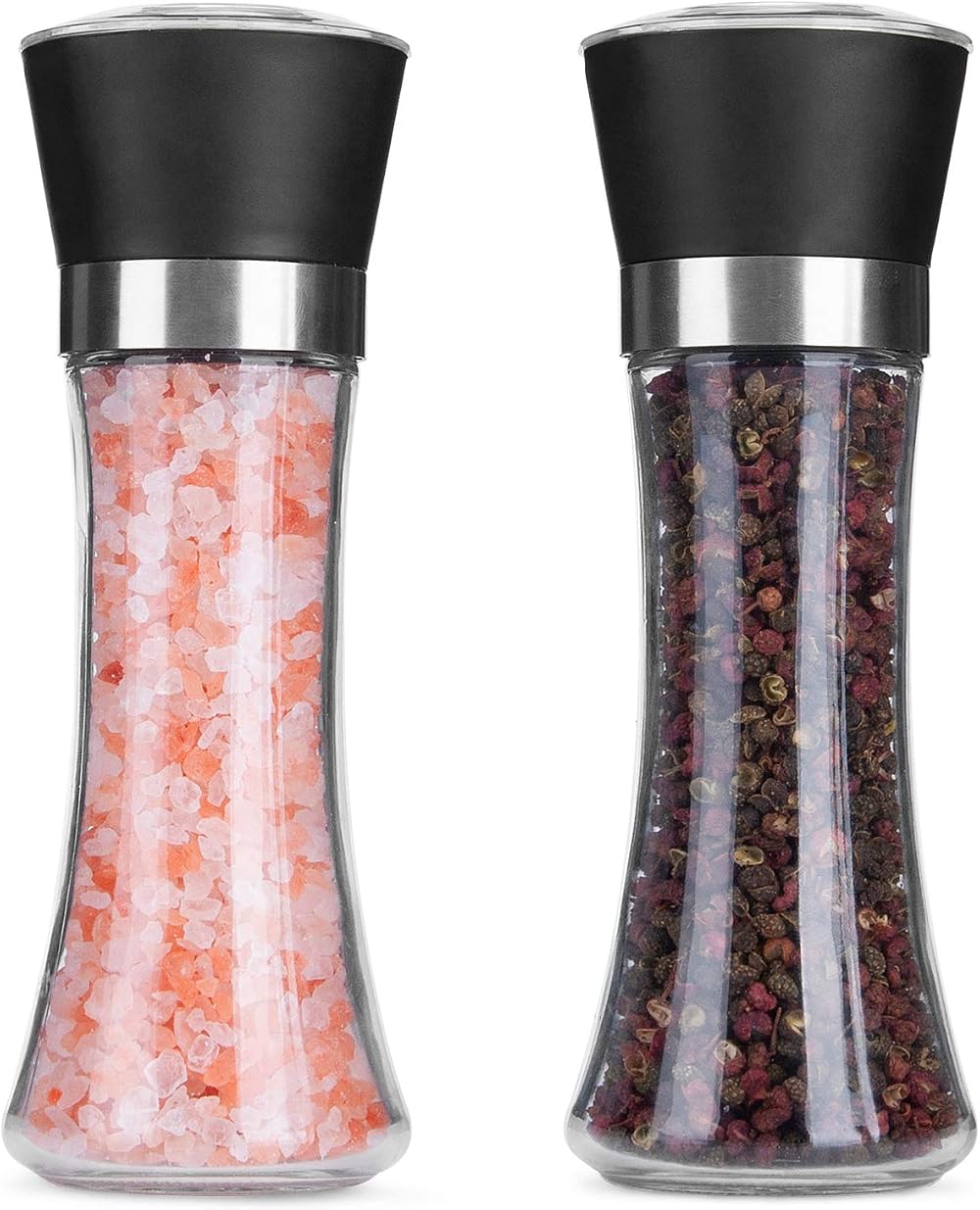 Rii Salt and Pepper Grinder Set, Adjustable Coarseness, Glass Body, 2 Pack