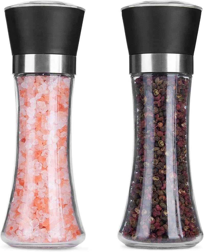 Rii Salt and Pepper Grinder Set, Adjustable Coarseness, Glass Body, 2 Pack