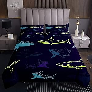 Erosebridal Shark Coverlet Set, Cartoon Shark Bedding Comforter Set Sea Animal Bedspread for Kids Girls Boys, Soft Microfiber Decorative 3 Pieces Queen Size, Dark Navy