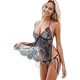 RNHGBB Sheer Sexy Lingerie Set for Women Sexy Mesh Lace Babydoll Pajamas Nightgowns Valentines, Black, Onesize 2-8