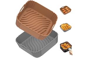 Redfly 2 Pack Silicone Air Fryer Liners, Square Reusable Non-Stick Basket Inserts for 4-5 QT Air Fryers, Dishwasher Safe Parchment Paper Replacement Accessories Brown & Gray