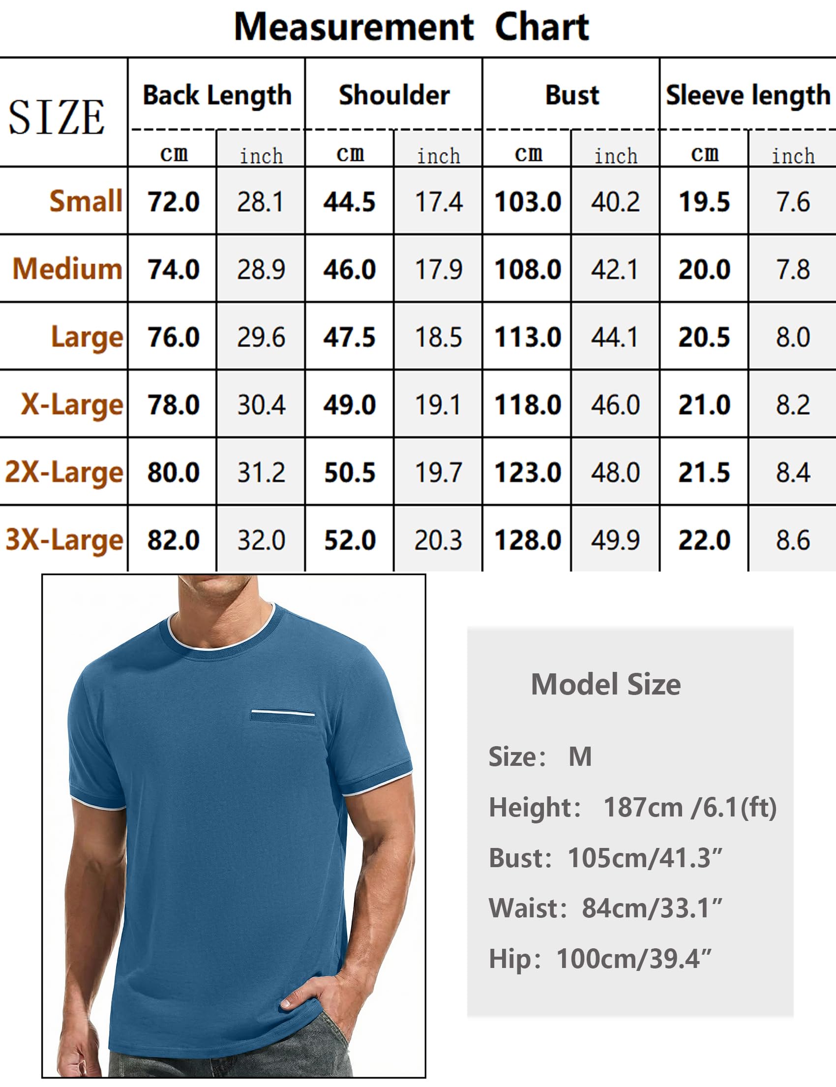 iClosam T-Shirt Herren Baumwolle Kurzarm Rundhals Color-Blocking Ärmeln Shirts Männer Sommer mit Dekorative Tasche,Blau,L 6