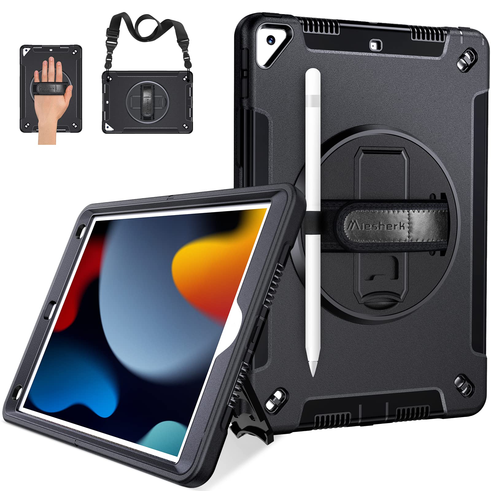 Miesherk Case for iPad 9th/8th/7th Generation 10.2 Inch: Military Rugged Protective Shockproof Cover for iPad 9th/8th/7th Gen 2021/2020/2019-Pencil Holder-Rotating Stand-Hand/Shoulder Strap-Black — image 1