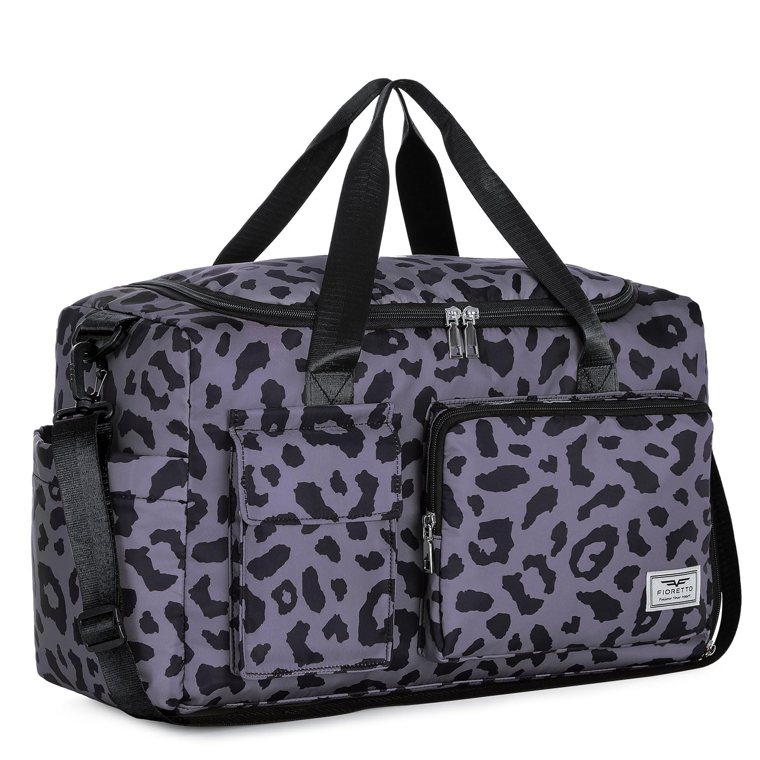 FIORETTO Womens Mens Sports Gym Bag Duffle Bag with Shoes Compartment, Weekend Travel Bag Overnight Bag for Women, Water Resistant Holdall Hospital Bag for Swimming Leopard Print