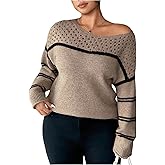 BEAUDRM Women's Y2k Plus Size Striped Sweater Hollow Out Scoop Neck Long Sleeve Knit Pullover Jumper Tops