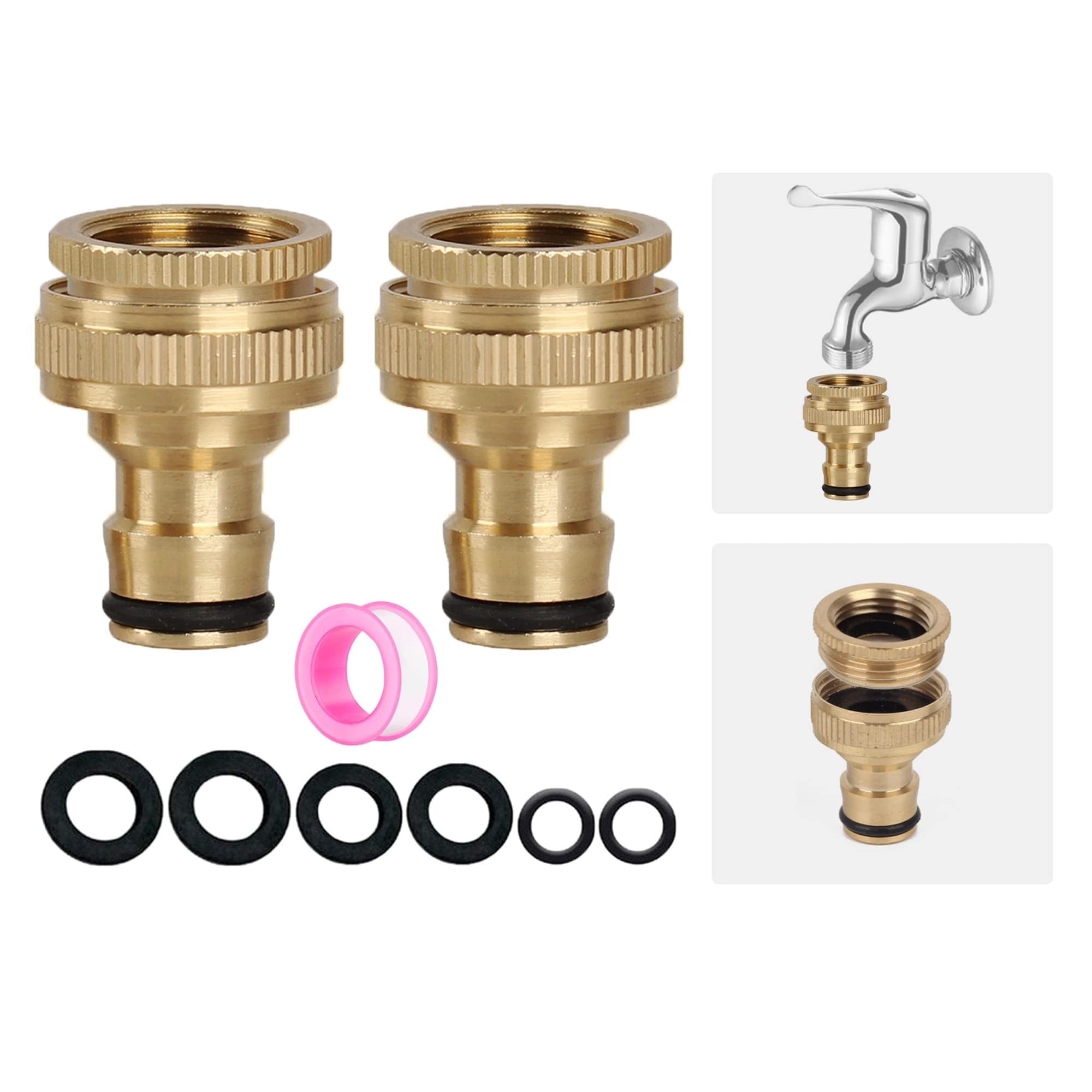 2 Pack Tap Connector for Garden Hose,3/4 inch & 1/2 inch 2-in-1 Brass Female Threaded Tap to Hose Connector,Threaded Faucet Brass Hose Fitting Pack,Shower to Garden Hose Adapter