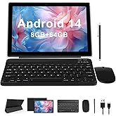 2 in 1 Tablet 10 Inch Android 14 OS Tableta, Tablets with Keyboard, Mouse, Case, Stylus, 64GB ROM+8GB RAM, 2MP+8MP Dual Camer