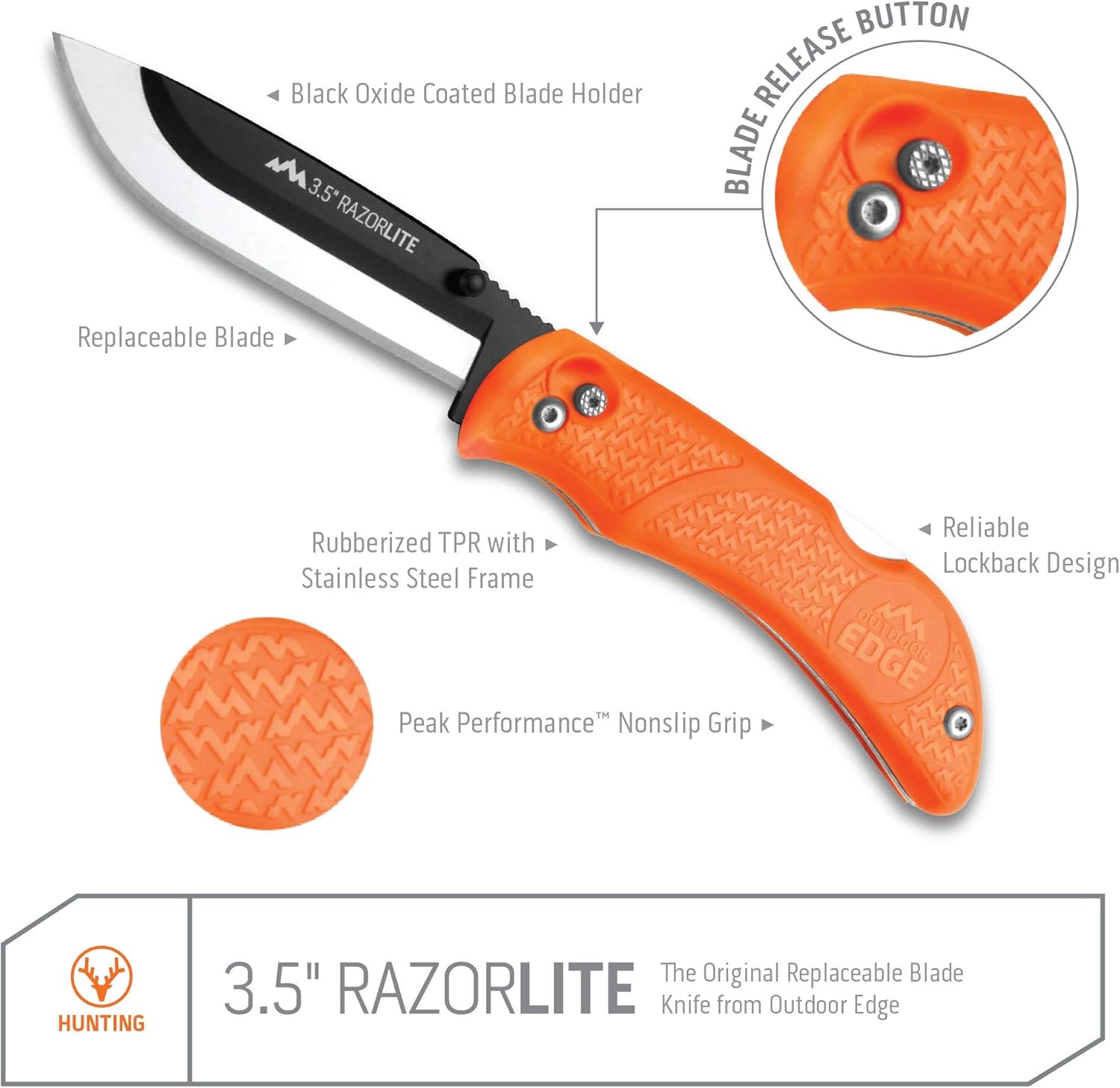 Outdoor Edge RazorLite - Replaceable Blade Folding Hunting Knife with Rubberized Nonslip TPR Handle, 6-Blades and Nylon Belt Sheath (Orange) : Hunting Folding Knives : Sports & Outdoors
