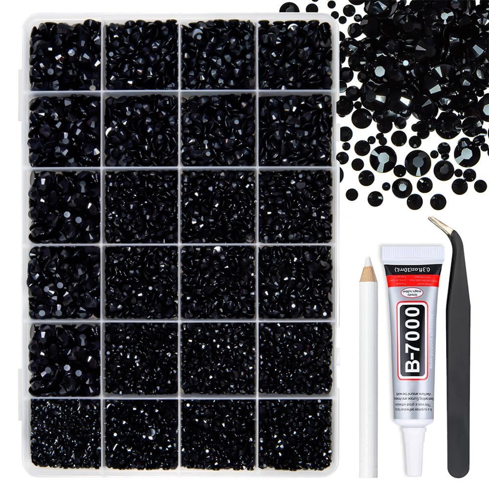 Photo 1 of qiipii Pure Black Jelly Resin Flatback Rhinestones w B7000 Jewelry Glue for Bedazzling Crafting 2mm 3mm 4mm 5mm 6mm Flatback Gems Diamonds Bedazzler Kit Charms for Nails Face Eyes Makeup Tumblers DIY