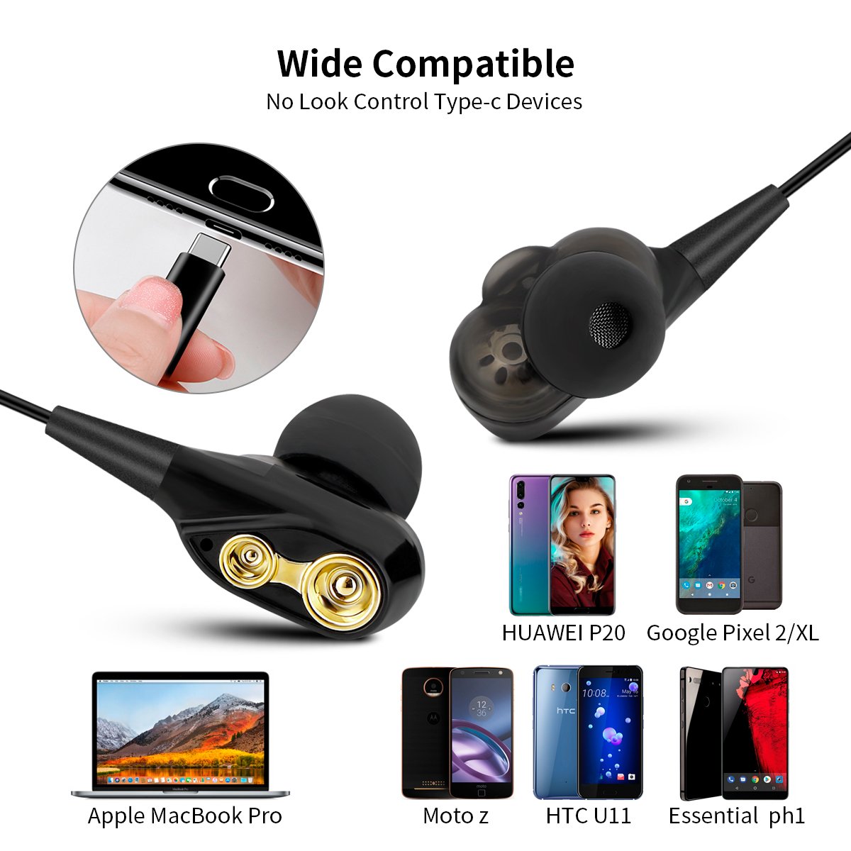 Type C Headphones, USB C Hi-Fi Stereo Digital Earbuds Sweatproof In-Ear Earphones with Mic Compatible with Google Pixel 2,Samsung Note 8,S8/S8+/S9,S9+, Moto Z, HTC U11, Essential PH-1 etc