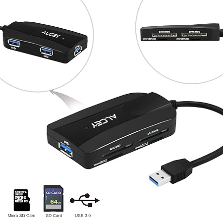 Alcey hochgeschwindigkeits USB 3.0 HUB mit 3 Anschlüssen und 4 Kartenschlitzen. 7 in 1 HUB Adapter für Dual SD/SDHC/MMC4.0 un