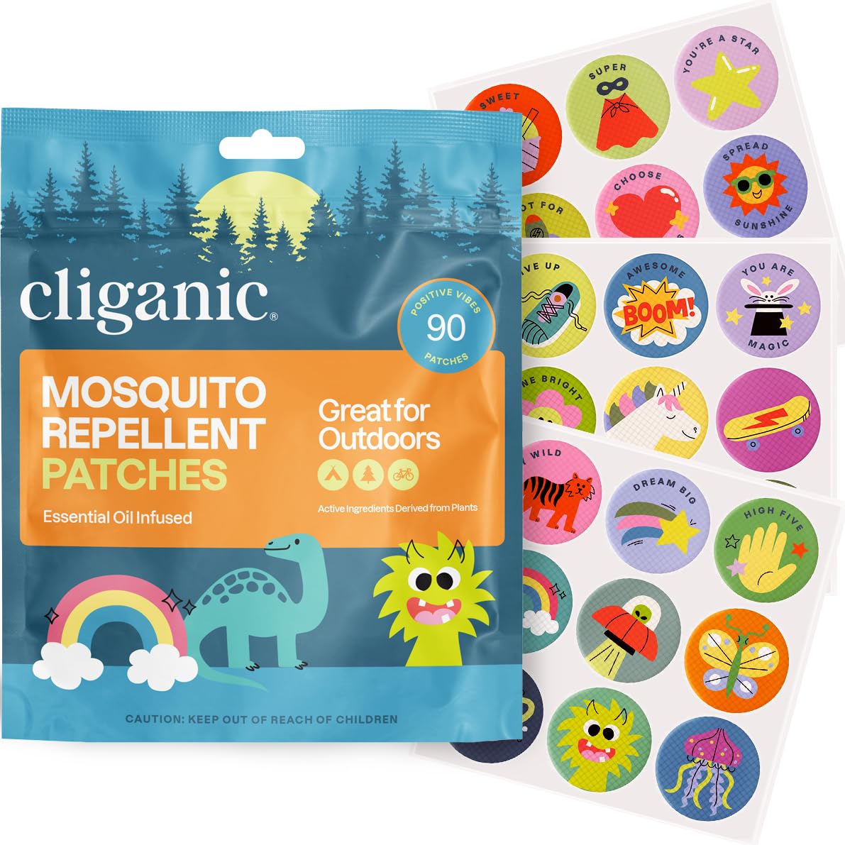 Cliganic Mosquito Repellent Stickers for Kids (90 Pack) - Positive Vibes Patches, Natural DEET-Free, Essential Oil Infused, Insect Repelling Garments