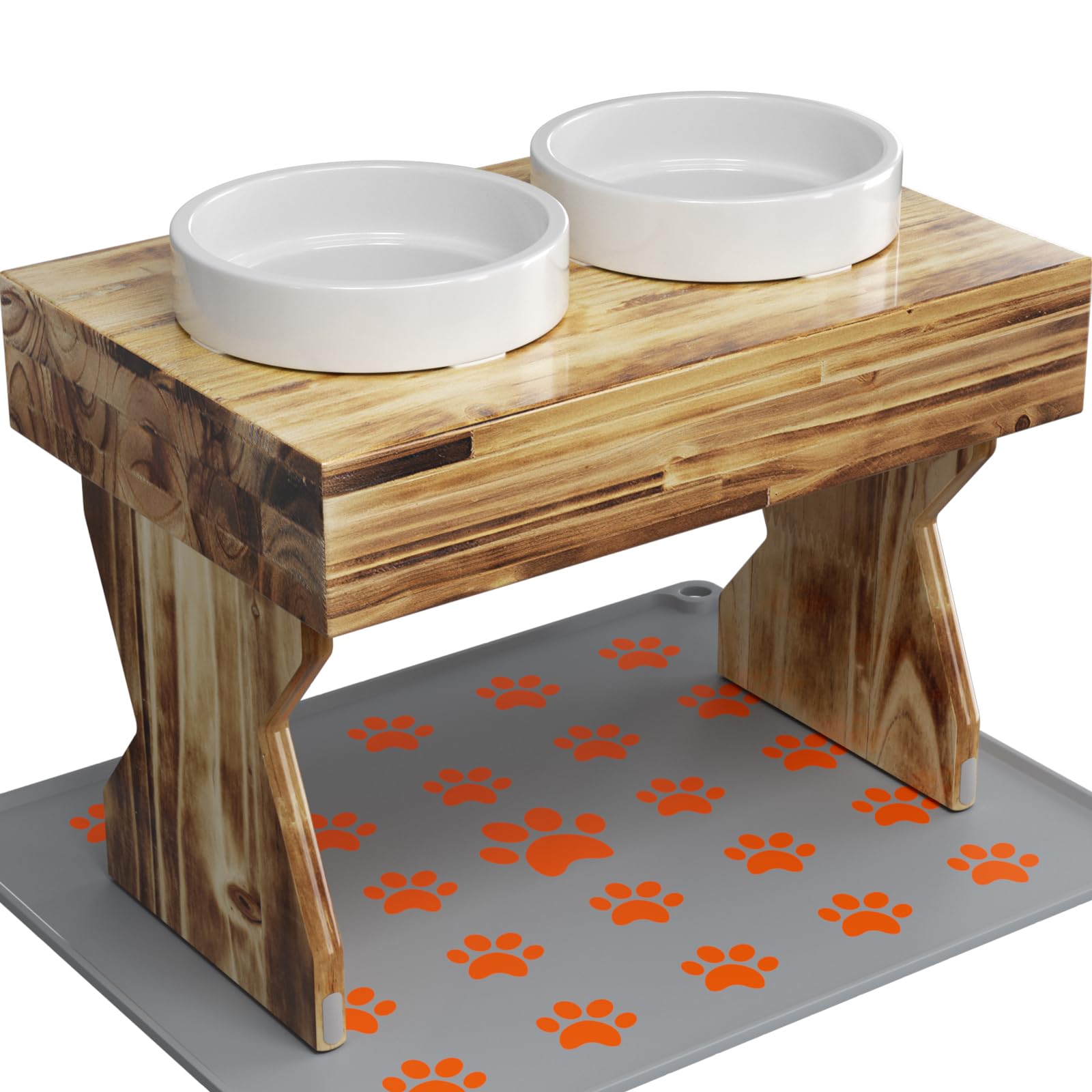 AMENER Elevated Dog Bowls for Medium/Large Dogs with Non-Slip Mat, 3 Height Adjustable Wood Stand Dog Raised Bowl with 2 Ceramic Pet Food Water Bowls(1.5L/50oz*2) (Lightwood)