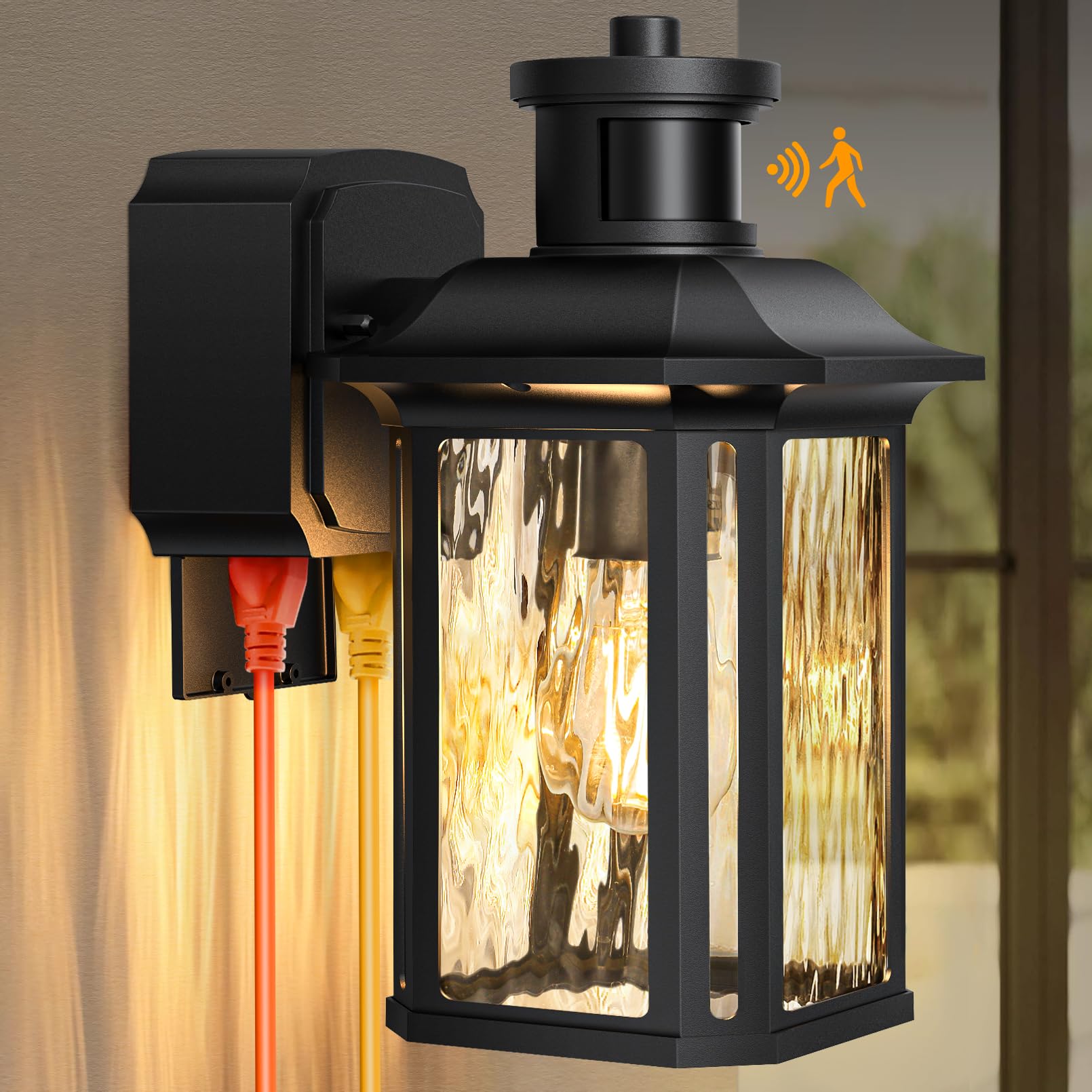 Photo 1 of OYKYOHEI Porch Lights with GFCI Outlet, Dusk to Dawn Motion Sensor Outdoor Lights with E26 Sockets & Glass Shades, Waterproof Anti-Rust Sconce Light, Outside Wall Lamps for House, Black
