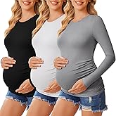 Ekouaer Women's Maternity Crew Neck Long Sleeve Tee 3 Pack