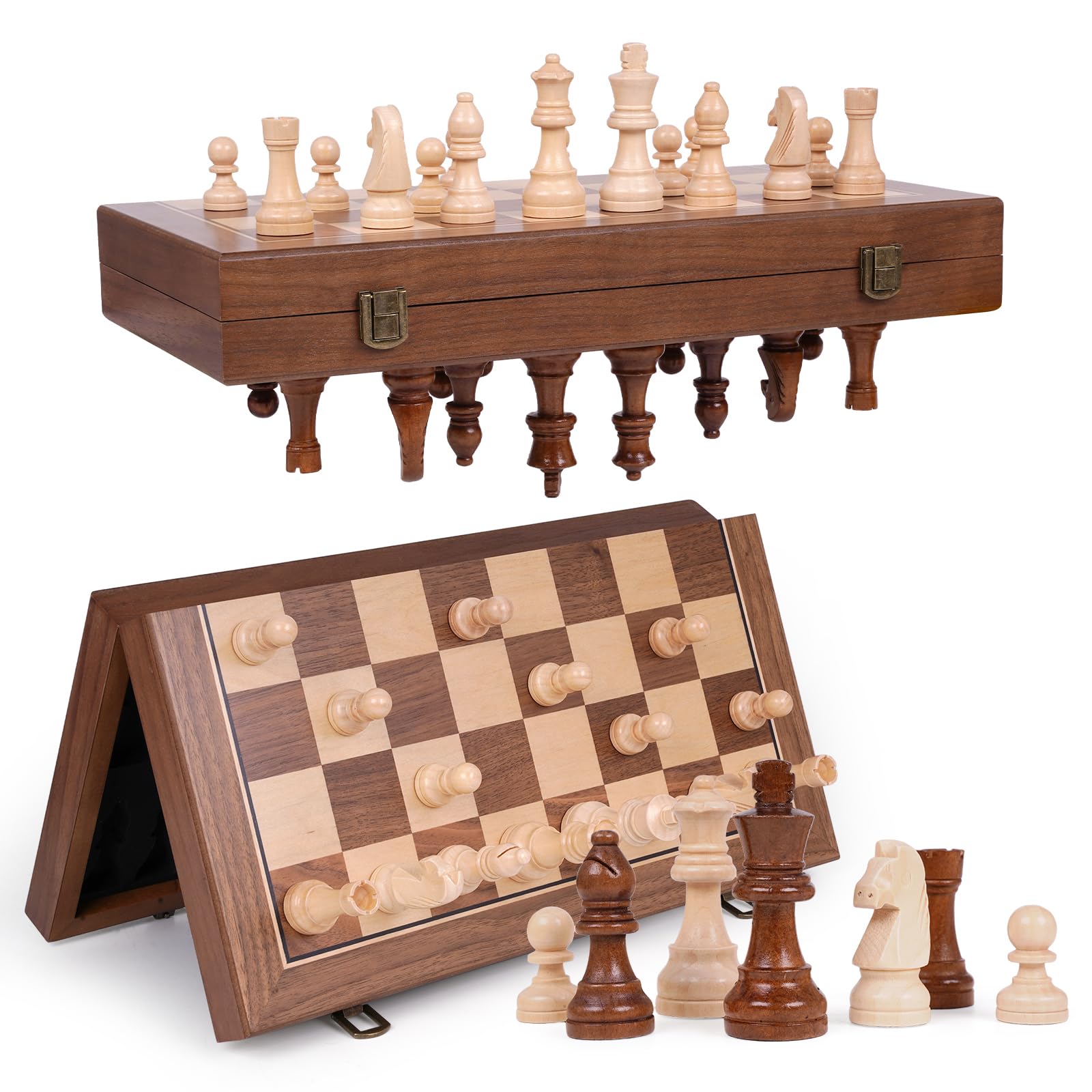 Photo 1 of 15 Inch Magnetic Wooden Chess Set with Storage, Folding Chess Board Game with Strong Magnets, Tournament Size 3 Inch King, 2 Extra Queens, Portable Travel Chess Set for Adults & Kids