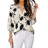 Triratna Womens Blouses Dressy Casual V Neck 3/4 Sleeve Tops Fashion Boho Chiffon Button Down Shirts
