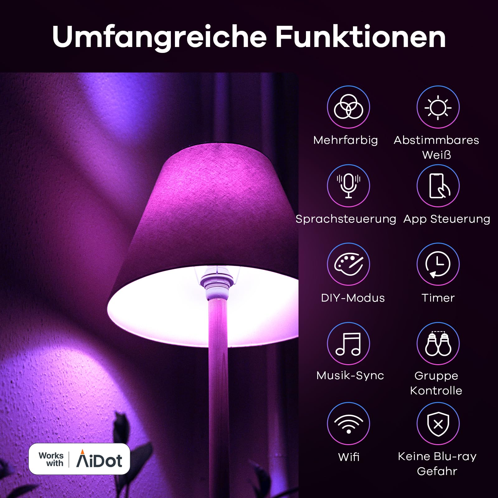 Linkind Matter Smart RGBTW Lampe, Wifi E27 Alexa Glühbirne, 1800-6500K Mehrfarbige WLAN Intelligent Birne, Musik Sync, Kompatibel mit Siri/Google Home/SmartThings, 800 Lumen, ersetzt 60 Watt, 4 Stück 6