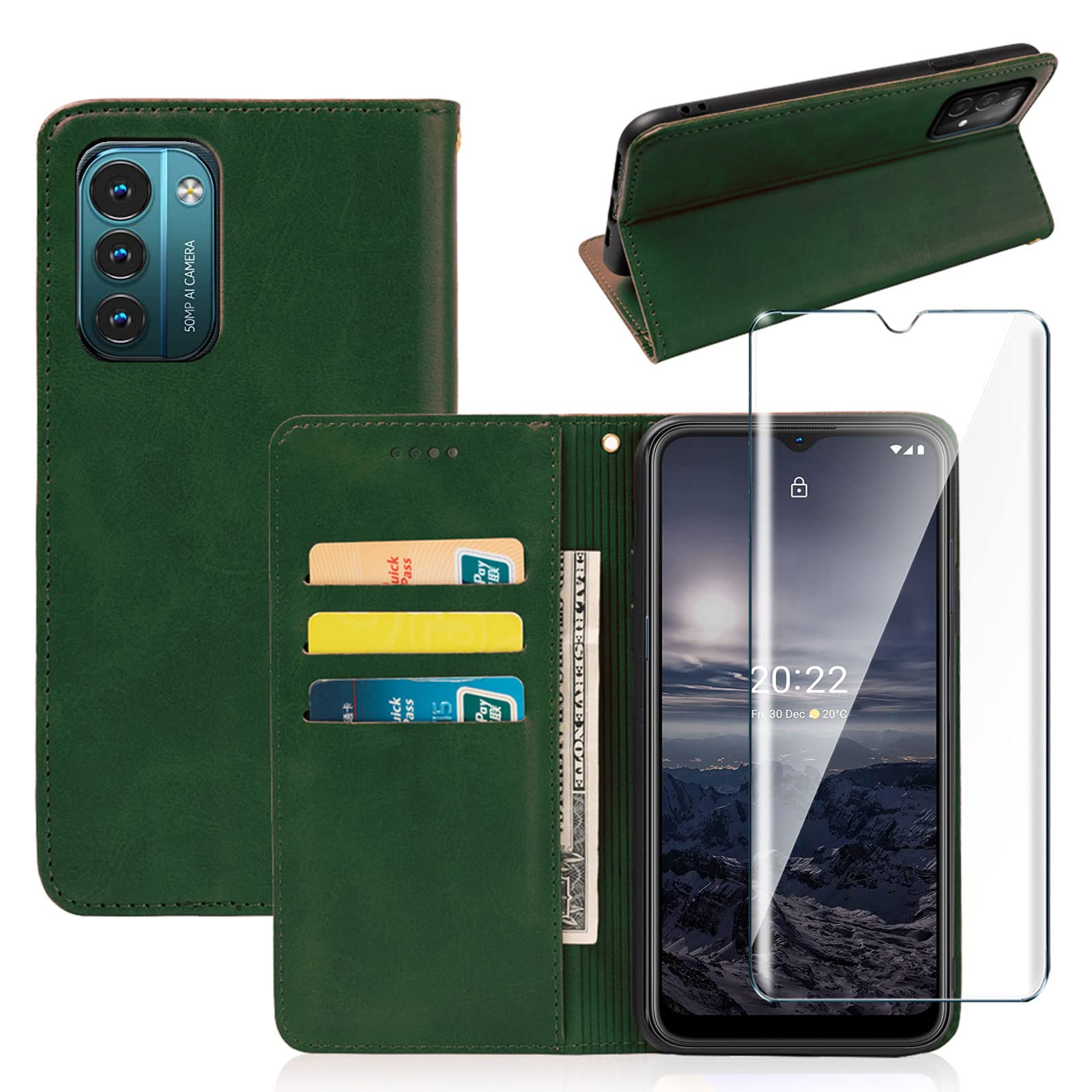 MYHY Flip Case Cover Bookstyle Shell for NOKIA G21 + 1Pcss Tempered Film Screen Protector Protection Film - PU PU Protection Cover Skin Shell Screen Film-Green