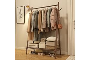 KASLANDI Solid Wood Clothes Rack, Clothing Rack with Shelf and Hook, Sturdy and Portable, Garment Rack for Hanging Clothes,Coats,Skirts,Shoes,Bags,Easy to Assemble (Walnut)