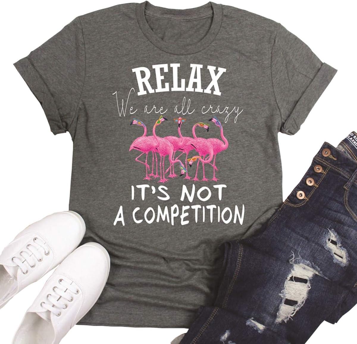 Beopjesk Womens Funny Flamingo T-Shirt Summer Short Sleeve Round Neck Graphic Tees Tops