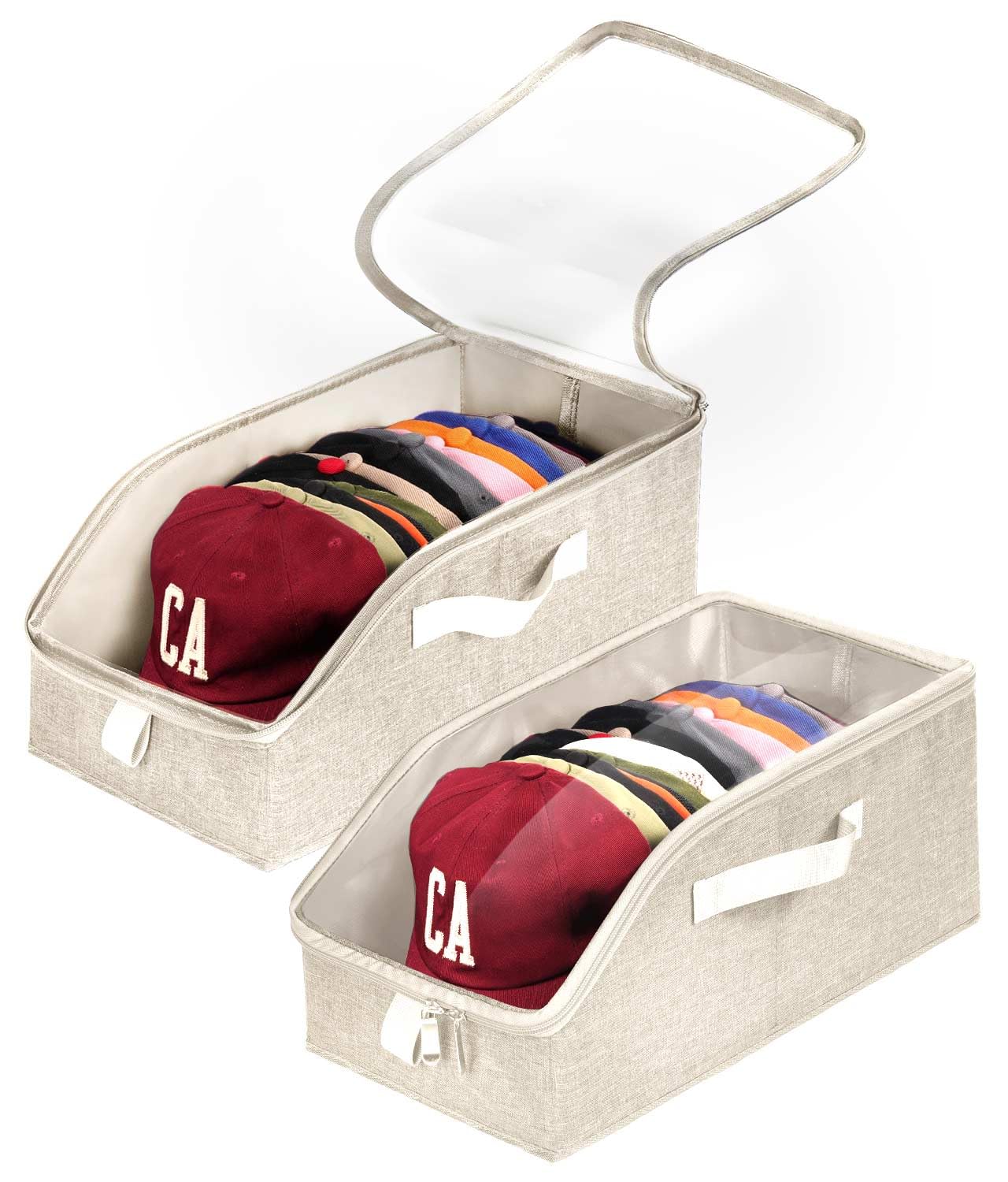 Livelab Hat Organizer for Baseball Caps, Hat Storage Holder Container for Closet Hold Up to 12 Caps with Clear Window, Hat Boxes for Home Storage | 2Pcs Beige
