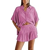 Qiaomai Womens 2 Piece Outfits Summer Ruffled Shirt and High Waist Shorts Matching Set (RoseRed-L)