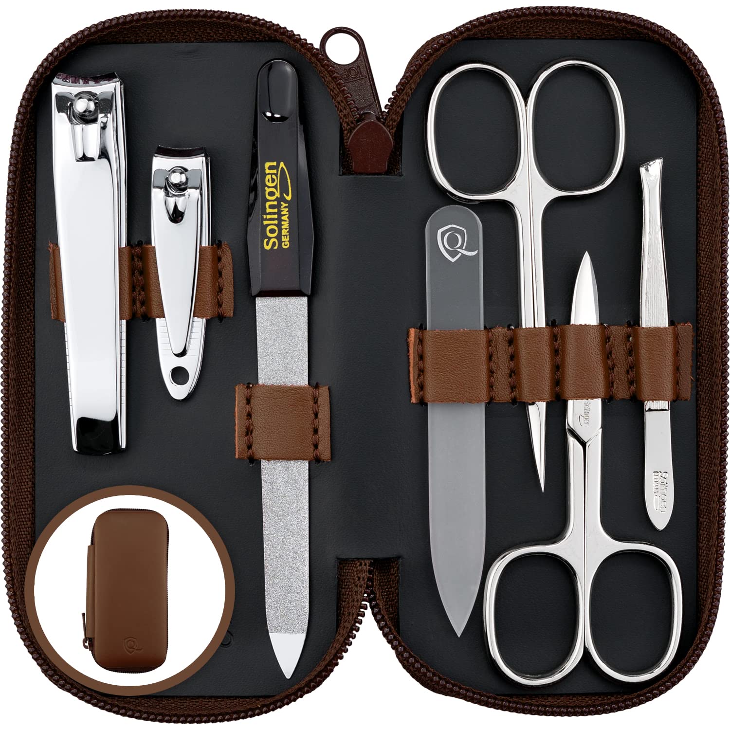 Solingen Manicure Set for Women & Men - 7-Piece Nail Kit Made in Germany with Patented Glass Nailfile - Handy and Soft Real Leather Case, Brown