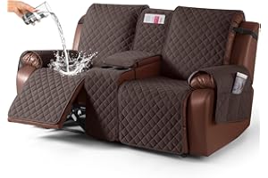 KinCam 100% Waterproof Recliner Loveseat Cover with Console, Non-Slip Reclining Couch Covers for 2 Seat, Recliner Sofa Cover Furniture Protector with Elastic Straps for Kids, Pets, Chocolate