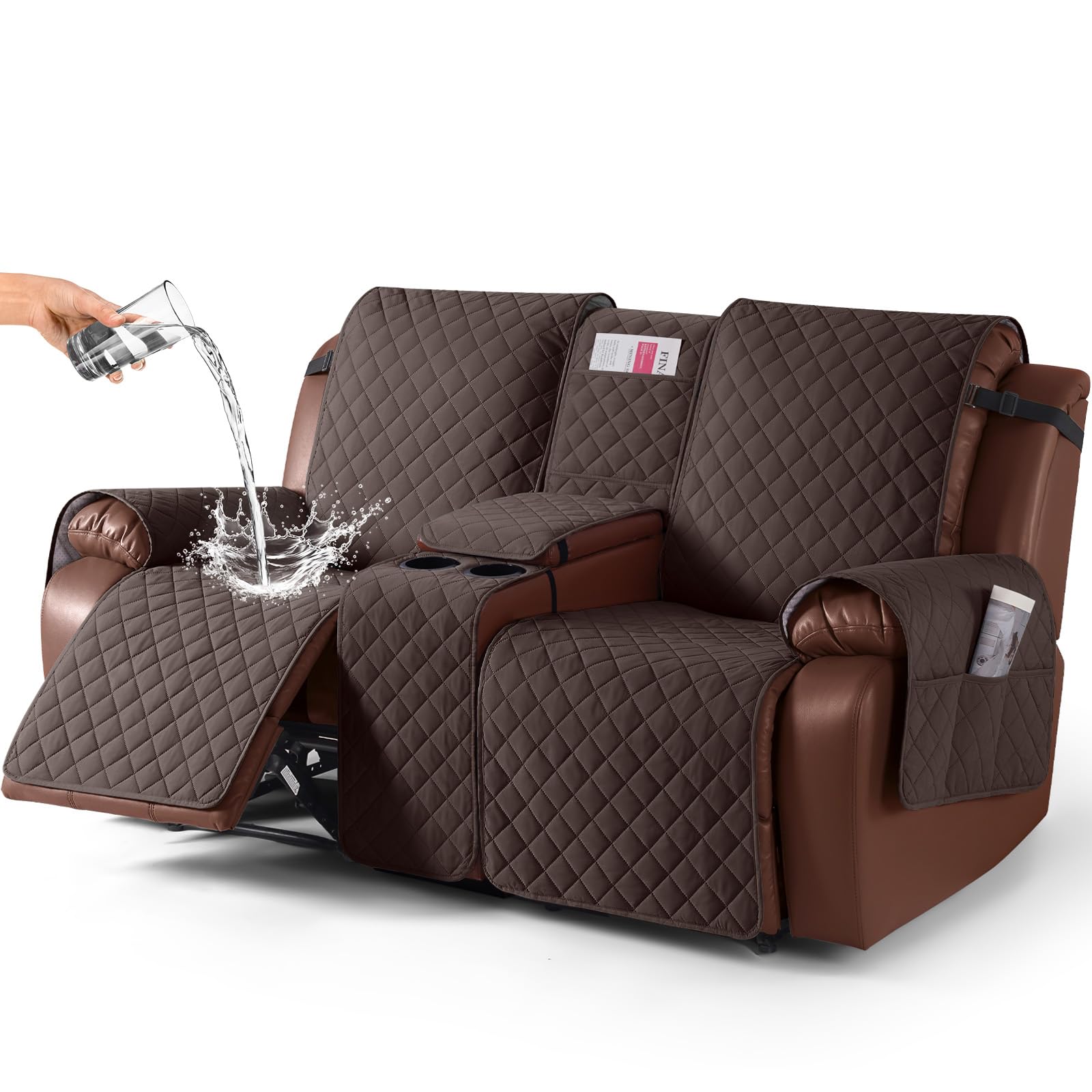 Photo 1 of KinCam 100% Waterproof Recliner Loveseat Cover with Console, Non-Slip Reclining Couch Covers for 2 Seat, Recliner Sofa Cover Furniture Protector with Elastic Straps for Kids, Pets, Chocolate