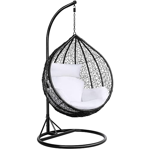 Yaheetech Garden Egg Swing Chair, Patio Swing Chair Outdoor Hanging Hammock with Stand Indoor Rattan Chair with Cushion and Cover, Black